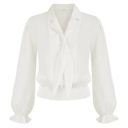 Chemisier BP femmes à manches longues chemise à revers avec cravate décorée ourlet smocké cravate décorée hauts pullover dame chemisier court