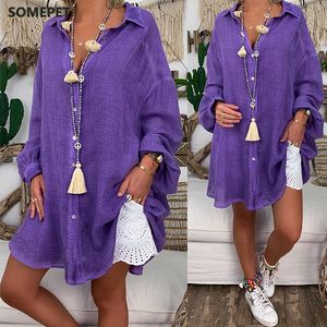 Blouse katoenen linnen dames tops en blouses plus maat lange mouw afdraaiende kraag vrouwelijke tuniek strandstijl dunne vrouwen herfst blouse