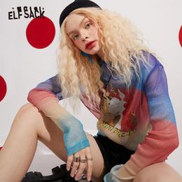 Blouse Ellsack HARAJUKU IMPRESSION GRAPHIQUE CASBOST COSTNET MESH Blouse Femme 2021 Printemps Full Sleeve Seethrough Femme Daily Vintage Top