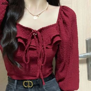 Blouse Red Blouses Lace Up Casual Vintage Elegant For Ladies Aesthetic Allmatch Lange Mouw Sexy Crop Tops Mujer Design Autumn Retro