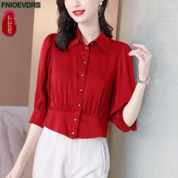 Chemisier S3XL Court Récolte Hauts Blouses 2023 Mode Femmes Travail Bureau Dame Solide Rouge Noir Vert Volants Ventre Peplum Top Chemises De Base