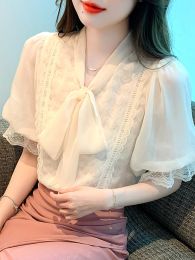 Blouse Zomer Vrouwen Tops Strik Kraag Kant Chiffon Blouse Shirt Blusas Mujer De Moda 2023 Verano Korte Mouw Blouse Vrouwen blouses G491