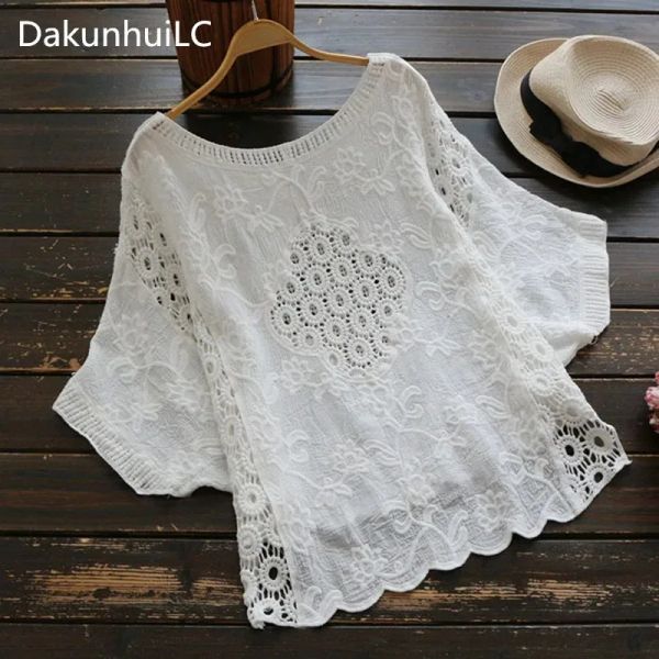 Blusa Blusa blanca Blusas Mujer Tops manga Bawting ahueca hacia fuera Blusas de playa de ganchillo de algodón Boho Top recortado Camisas de mujer