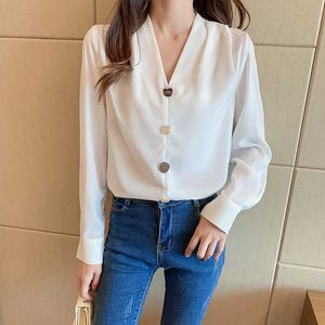 Blusa Camisa Blanca Cuello V Gasa Mujer Camisas Manga Larga Tops Casual Sólido Tallas Grandes XXL 210604