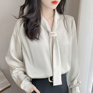 Blusa Mujer Arco Cuello en V Oficina Camisas de manga larga Tops Camisa de gasa s Blusas D407 210426