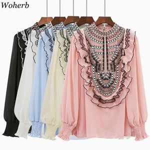 Chemisier Femmes Printemps Col Montant À Volants En Mousseline De Soie Chemise Gaze Patchwork Lanterne Manches Brodé Tops Blusas Mujer 4h724 210519