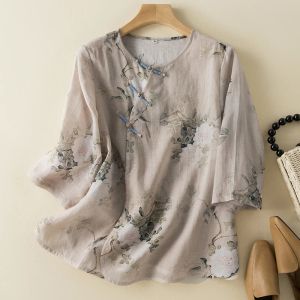 Blusa YCMYUNYAN Blusas de Mujer de Estilo Chino Ropa de Verano con Cuello Redondo Nuevas Tops de Manga Corta Camisas con Estampados de Lino y algodón Sueltas Vintage