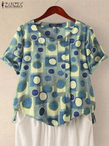 Blouse ZANZEA Dot Gedrukt Plooiblouses Casual Mode Shirt Oneck 2023 Zomer Tuniek Tops Vintage Dames Korte Mouw Vakantie Blusas