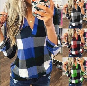 Blouses 2021 Europese lente en herfst casual plaid print V-hals met lange mouwen shirt ondersteuning gemengde batch