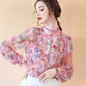 Blouses Blouse Femme Spring Fall Shirt's Top Women's Casual Retro Retro Floral Print Tops Office en mousseline de soie