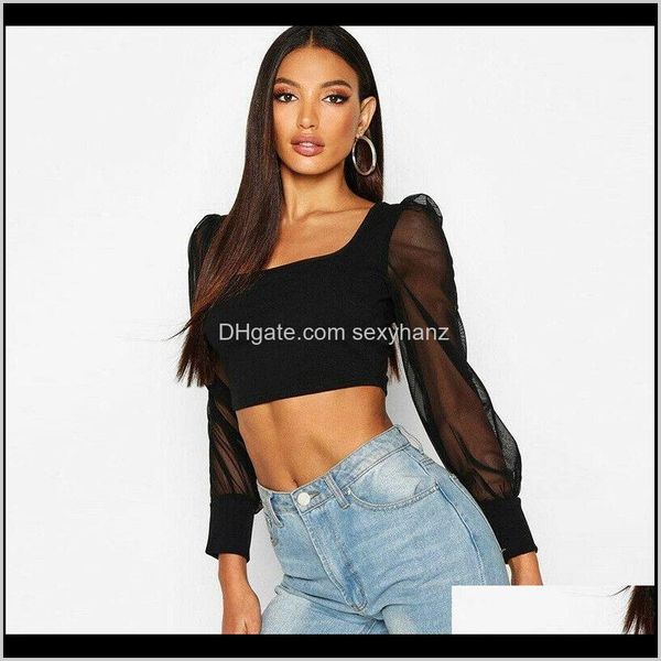 Chemisiers Vêtements Vêtements Drop Delivery 2021 Sexy Womens See Through Mesh Coutures Sheer Long Sleeve Short Blouse Casual Patchwork Shirts F