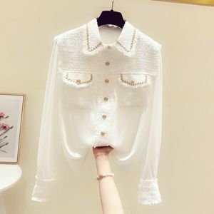 Blouses shirts 2021 runway ontwerper dames herfst shirt top mode dames tweed patchwork chiffon gold single breasted tassel weven