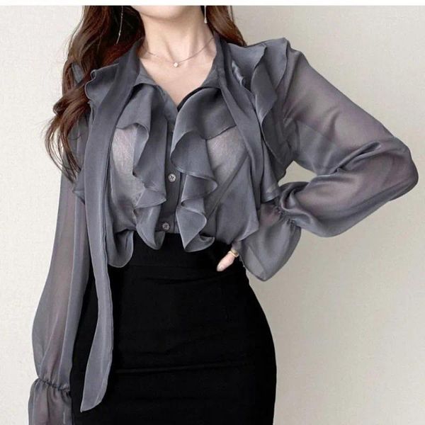 Blouses Women's Korea Chic Tops Blusas Bow Tie Office Lady Elegant Bling Thin Sexy Transparent Bouton Transparent Shirts blancs 2024 Fashion Women Blouse