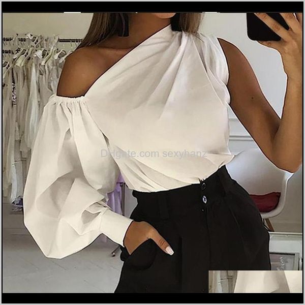 Blouses Vêtements pour femmes Vêtements Drop Delivery 2021 Femmes Sexy Une épaule Blouse blanche Col oblique Lanterne Manches Chemises irrégulières Femme