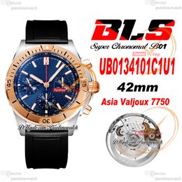 BLS Chronomat B01 ETA A7750 automatische chronograaf herenhorloge 42 tweekleurig roségoud blauwe wijzerplaat zwart rubber UB0134101C1U1 Super Edition Reloj Hombre Puretime H8