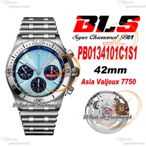 BLS Chronomat B01 ETA A7750 automatische chronograaf herenhorloge 42 ICE blauwe wijzerplaat roestvrij staal Rouleaux Bracele PB0134101C1S1 Super Edition Reloj Hombre Puretime D4