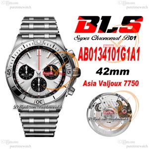 BLS Chronomat B01 ETA A7750 Montre chronographe automatique pour homme 42 Cadran argenté Rouleaux en acier inoxydable Bracele AB0134101G1A1 Super Edition Reloj Hombre Puretime A1