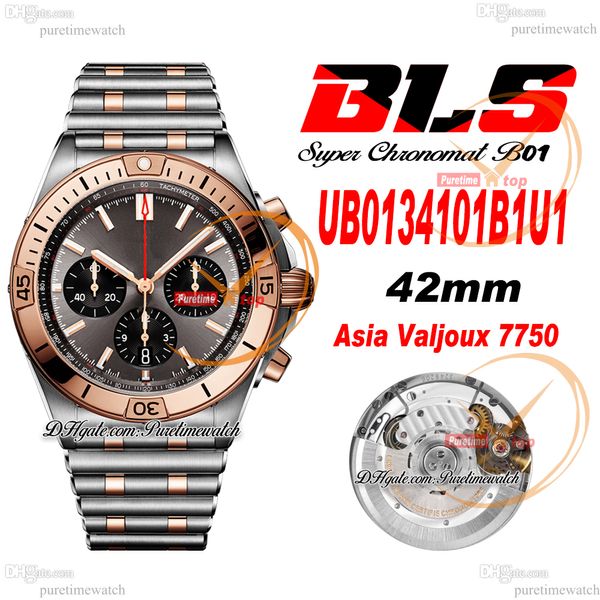 BLS Chronomat B01 ETA A7750 Montre chronographe automatique pour homme bicolore or rose cadran marron en acier inoxydable Rouleaux Bracele AB0134101K1A1 Super Edition Puretime h8