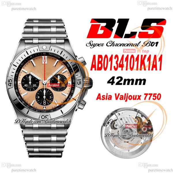 BLS Chronomat B01 ETA A7750 Cronógrafo automático Reloj para hombre 42 Dial rosa Acero inoxidable Rouleaux Bracele AB0134101K1A1 Super Edition Reloj Hombre Puretime B2