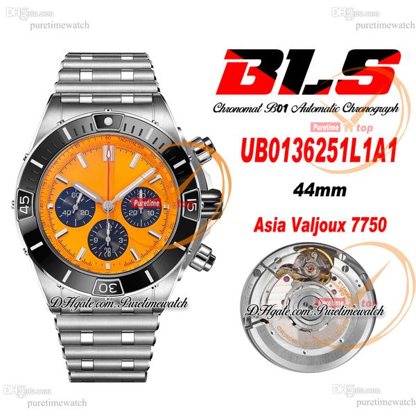 BLS Chronomat B01 ETA Valjoux A7750 Montre chronographe automatique pour homme 44 Céramique Lunette noire Cadran jaune Bracelet Rouleaux en acier inoxydable Super Edition Puretime 16