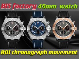 BLS usine 45mm Chronographe Montre Hommes montres B01 mouvement mécanique entièrement automatique Miroir saphir étanche lumineux Bracelet de montre en caoutchouc