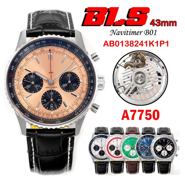 BLS Navitimer B01 ETA A7750 Montre chronographe automatique pour homme Cadran marron Cuir noir avec ligne blanche AB0138241K1P1 Super Edition Timezonewatch C148C