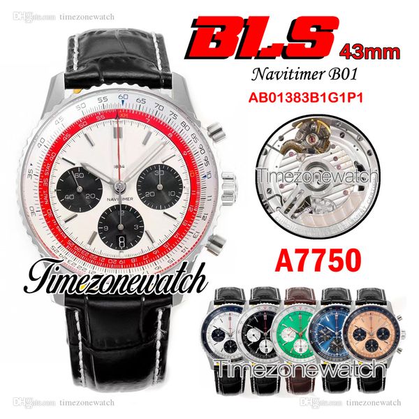 BLS Navitimer B01 ETA A7750 Cronógrafo automático Reloj para hombre Esfera blanca interior roja Correa de cuero marrón AB01383B1G1P1 Super Edition Timezonewatch C148B