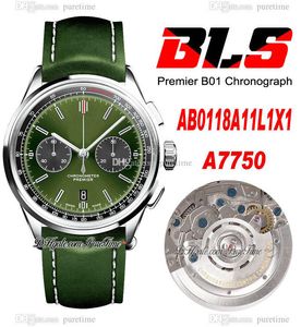 BLS Premier B01 42 mm Eta A7750 Chronographe automatique Montre pour homme Boîtier en acier Cadran vert noir Marqueurs bâton Bracelet en cuir AB0118A11L1X1 Super Edition Puretime 03A1