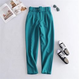 BLSQR automne hiver vert costume pantalon femme taille haute ceintures poches bureau dames mode solide pantalon 210915