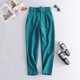 BLSQR Otoño Invierno verde traje pantalones mujer cintura alta fajas bolsillos Oficina señoras moda pantalones sólidos 210915