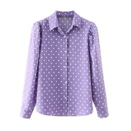 BLSQR, camisa abotonada a la moda con estampado de lunares, blusa Vintage para mujer, camisas de calle holgadas de manga larga para mujer, color morado, 210430