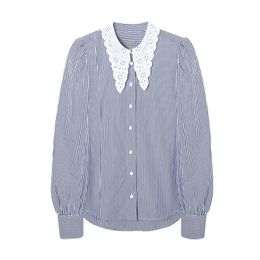 BLSQR Fashion Hollow Out Revers Losse Blouses Dames Vintage Lange Mouw Button-Up Vrouwelijke Shirts Blusas Chic Stripe Tops 210430