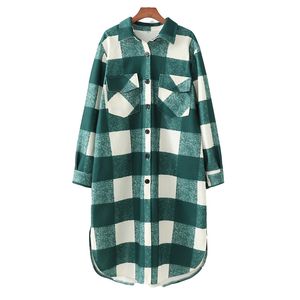 BLSQR Fashion Pockets Oversized Plaid Jas Dames Vintage Lange Mouw Zijopeningen Vrouwelijke Bovenkleding Chic Tops Green Coat 210430