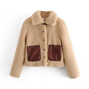 BLSQR Mode Vintage Avec Poches Fausse Fourrure Teddy Veste Manteau Femmes À Manches Longues Unique Poitrine Femme Survêtement Chic Tops 210430