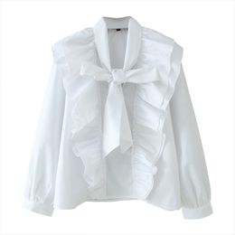 Blsqr mode met boog kraag witte blouses vrouwen zoete lange mouw losse vrouwelijke shirts Blusas chique tops 210430