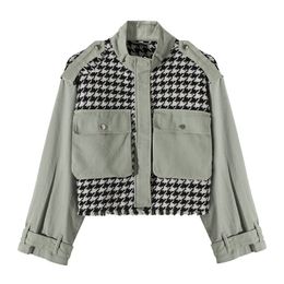 BLSQR Houndstooth Costura Ejército Verde Bomber Chaqueta Mujer Otoño Vintage Casual Parka Abrigos Básicos Chaquetas Chaqueta Mujer 210430