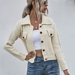 BLSQR Sexy Tricoté Cardigans Pull Femmes Revers À Manches Longues Bouton De Poche Femme Dames Solide Pull Court Jumpers 210430