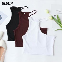 BLSQR Slim Sexy asymétrique femmes débardeurs été couleur unie dos nu culture Camis dame licou élégant femme 220316