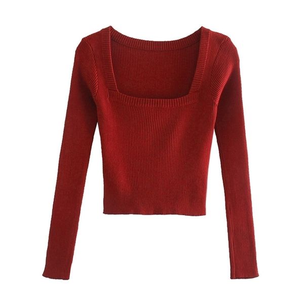 BLSQR Vintage col carré femmes pull rouge à manches longues femme pull tricoté élasticité dames pull pull 211011