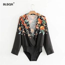 BLSQR Vintage V Cou Motif Floral Body Crossover Design Lâche À Manches Longues Combishort Casual Chic Tops Blusas 210430