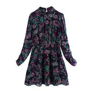 BLSQR femmes drapé fleur imprimé robe Vintage à manches longues femmes Mini robes Vestidos 210430