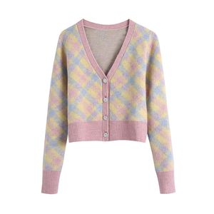 BLSQR Femmes Plaid Tricoté Cardigan Pull Vintage Manches Longues Bouton-up Femelle Vêtements Chic Tops 210430