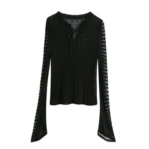 BLSQR Dames Sexy Mesh Gebreide Black Smock Blouse Shirts Flare Sleeve Casual Slanke Blusas Tops 210430