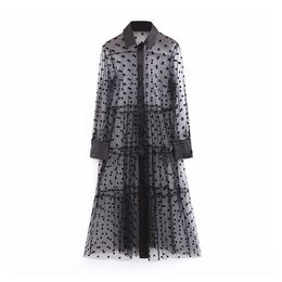Blsqr vrouwen stijlvolle polka dot patchwork transparant shirt jurk lange mouwen vrouwelijke chic sexy mesh zwarte jurken vestidos 210430
