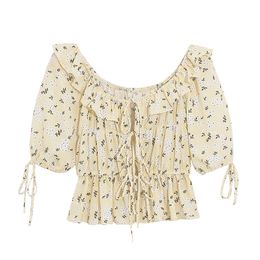 BLSQR Dames Sweet Floral Print Ruffle Crop Blouses Mode O-hals korte mouw Vrouwelijke shirts Chique Tops 210430