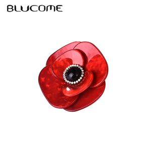Blucome Acrylique Rouge Fleur Broches Corsage Cristal Noir Perle Broche Hijab Pins Or Couleur Collier Clip Femmes Hommes Cadeaux