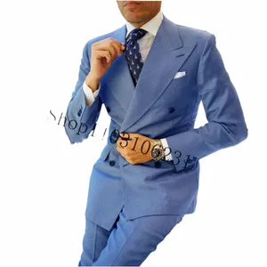 Azul 2 piezas de lino trajes de hombre para la boda Slim Fit novio esmoquin por encargo trajes masculinos chaqueta chaqueta pantalones traje Homme 70gj #