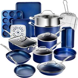 Set de ollas y sartenes azules de 20 piezas, juego de artículos para hornear de cocina antiadherentes