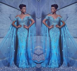 Blauwe luxe bling bling arabische Dubai zeemeermin prom jurken kralen kristallen off-schouder lovertjes sweep trein formele jurken avondkleding