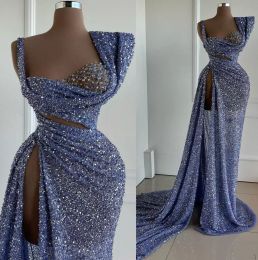 BLAUW 2022 Dustige pailletten Pro -jurken Mouwloze op maat gemaakte hoge gesplitste schede riemen Designer halslijn evenig feestjurken formele ocn slijtage Vestidos